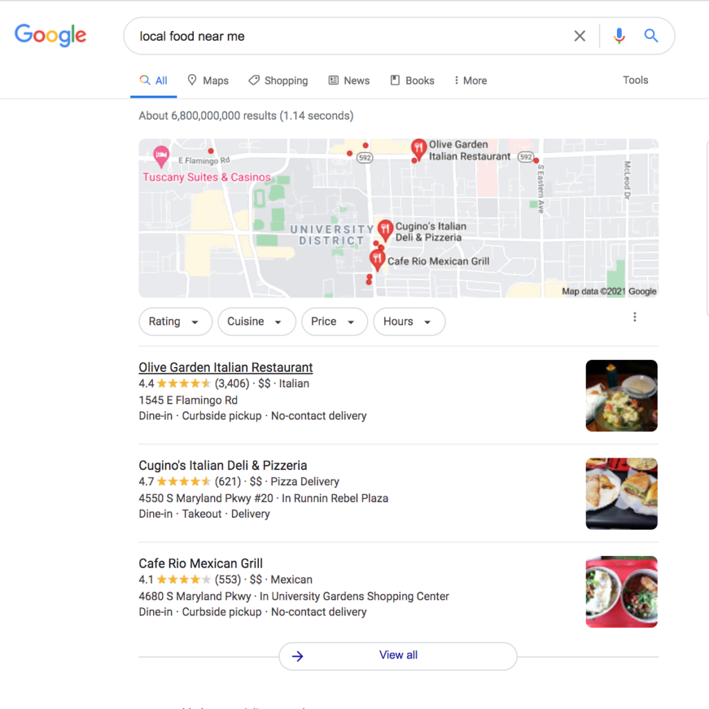 image of the SERPs for a local SEO search that displays the Google Map Pack for 